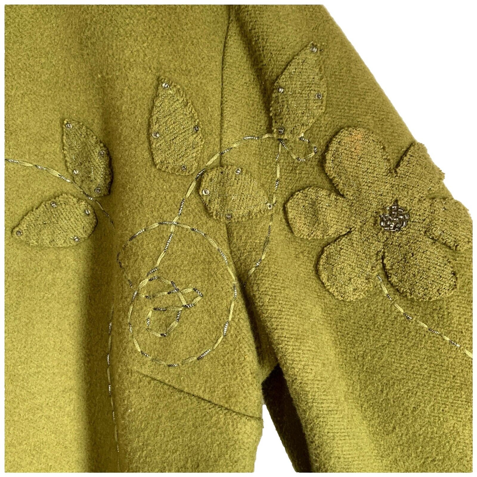 Vintage 70s Boho Jacket 6 Olive Green Cotton Applique Flowers Classy Hippie
