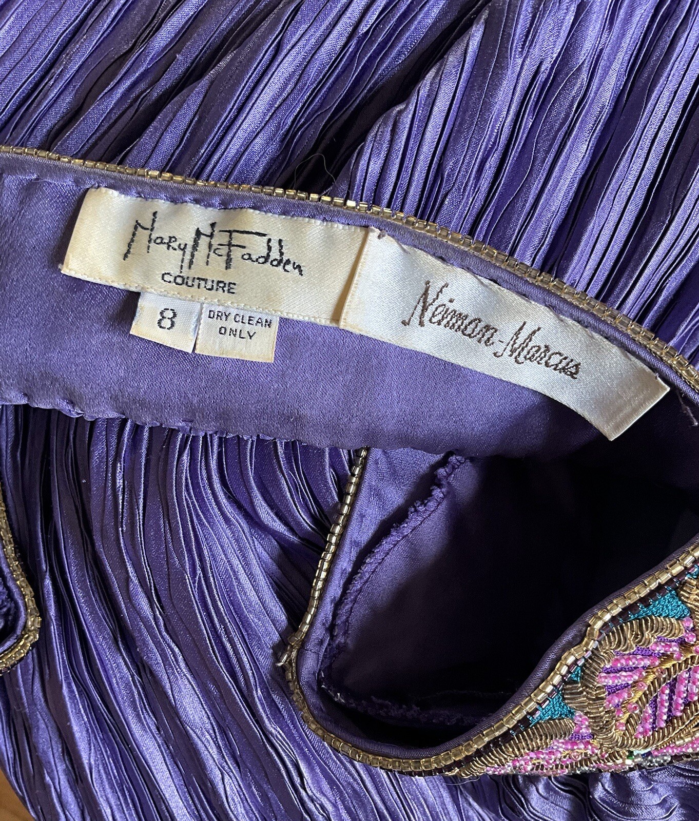 Vintage Early 80’s Mary McFadden Purple Pleated Gown Dress w/ Sash
