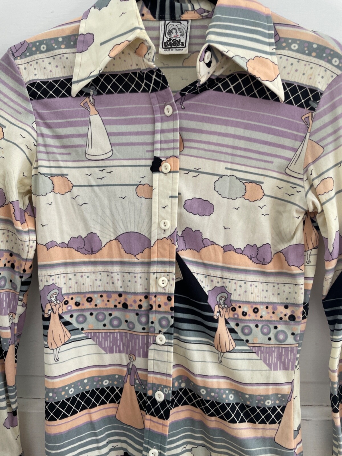 Vintage You Babes 1970s Button-Up Long Sleeve Blouse Juniors X-Small Polyester