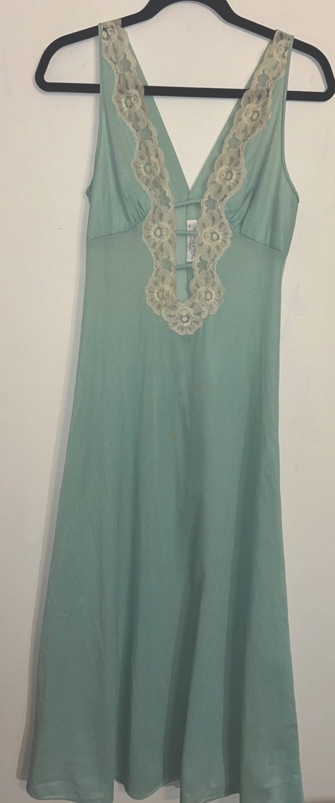 Blanche Ralph Montenero Seafoam Blue Slip Dress Lingerie Small Low V Lace Vtg