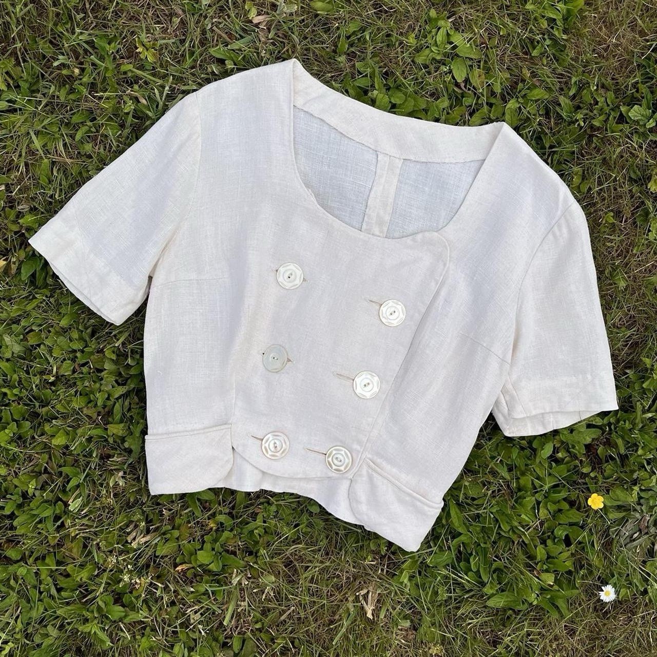 Antique 1910s – 1930s Linen Blouse | Double Breasted | Mother-of-Pearl Buttons