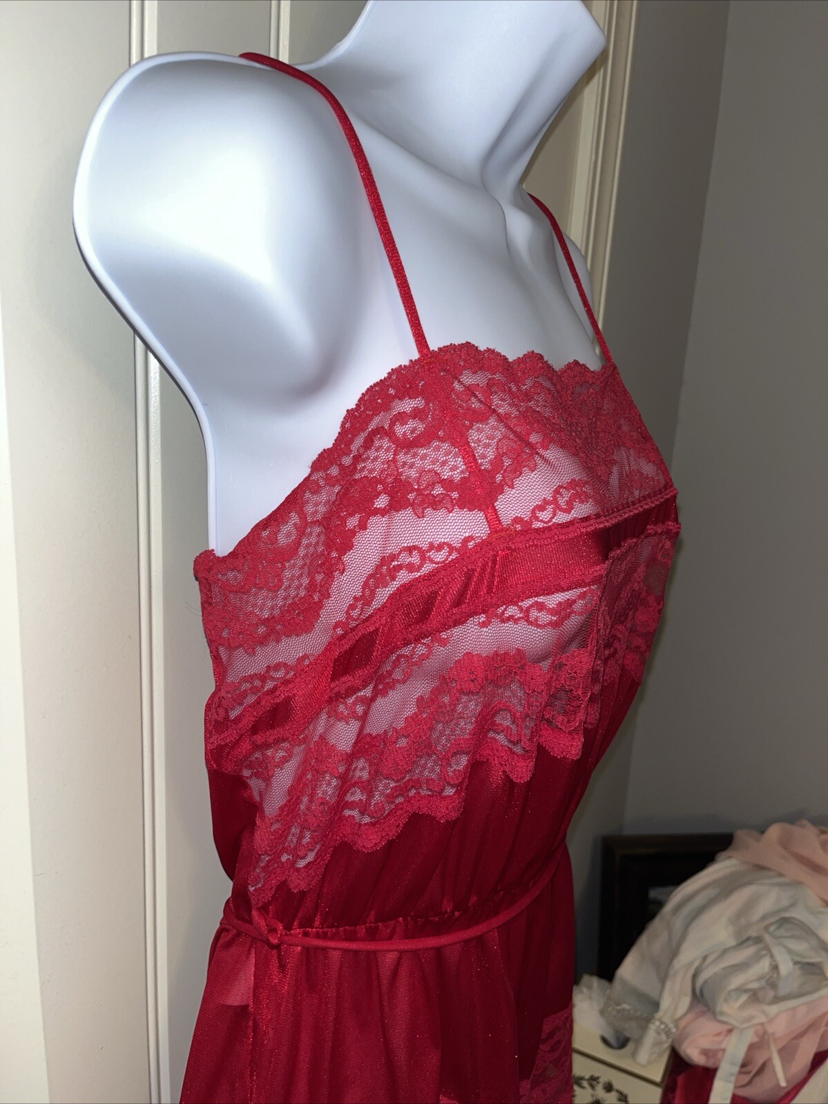Vtg Teddy Romper Playsuit Bodysuit Wide Sheer Lace Belted Sissy Nylon Red Large