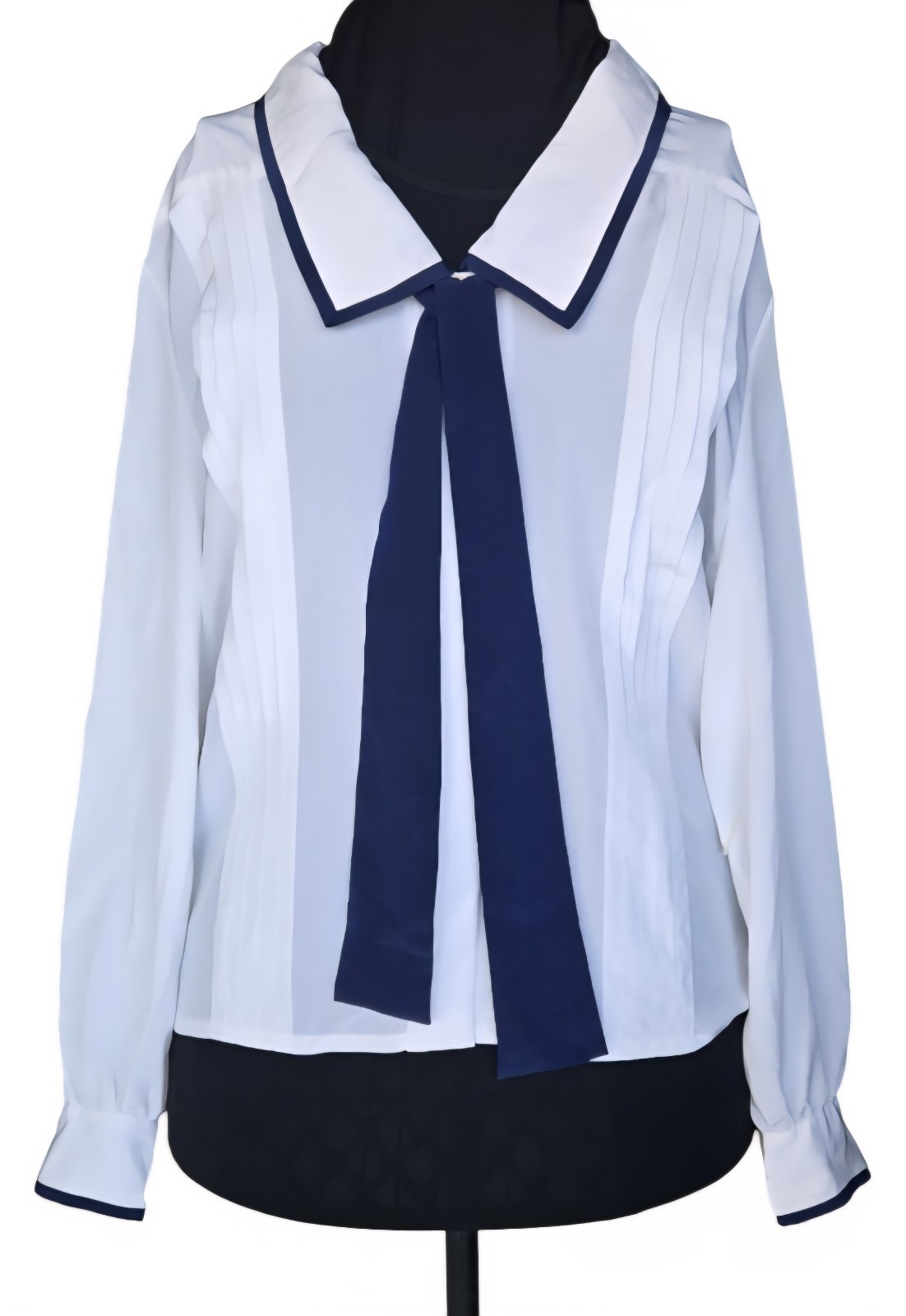 1980s CHAUS SPORT White Blouse With Sailor Collar & Navy Blue Trim & Tie Sz 14