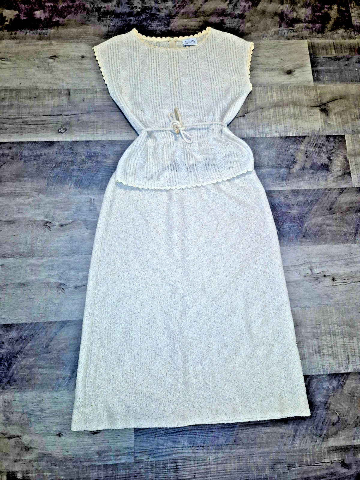 Vintage Leslie Fay My Latest 2-Piece Knit Set Cream Peplum Top Skirt 70s Boho