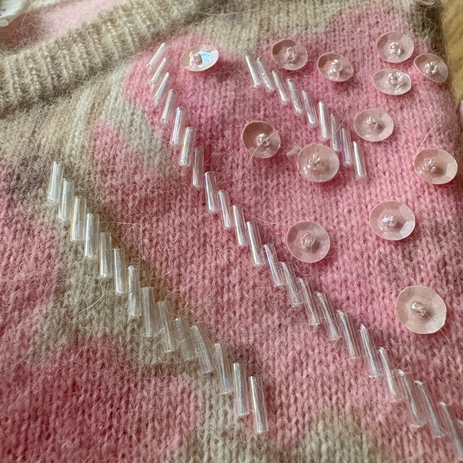OASI Vintage Pink Floral Lambswool Angora Beaded Sweater Women’s MEDIUM Cottage