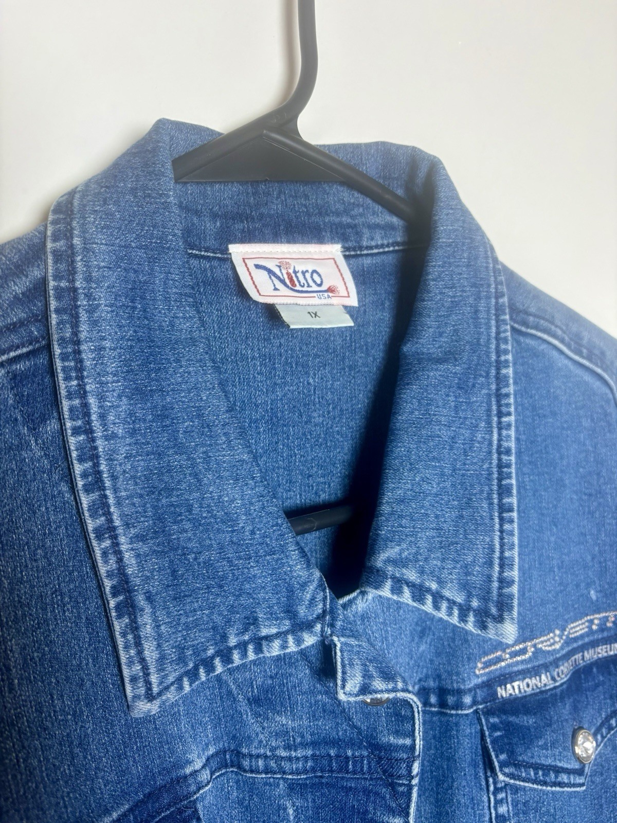 C8 Corvette Jeweled Denim Jacket embroidered jeweled logo on the back.