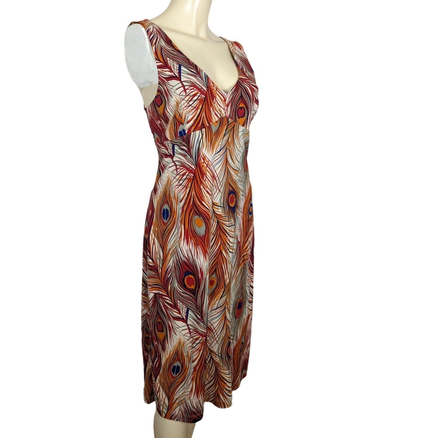BCBG Dresses Large orange blue Peacock Feather print Vintage Empire Waist Y2K
