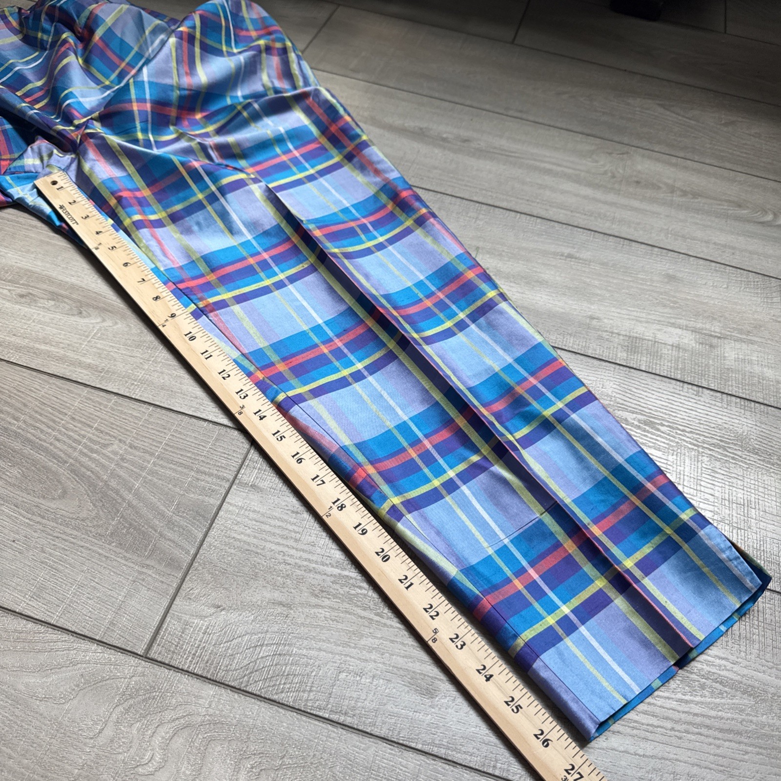 Vintage 90s Preston & York Silk 2pc Pajama Set Top Pants Plaid Womens M/ L Blue