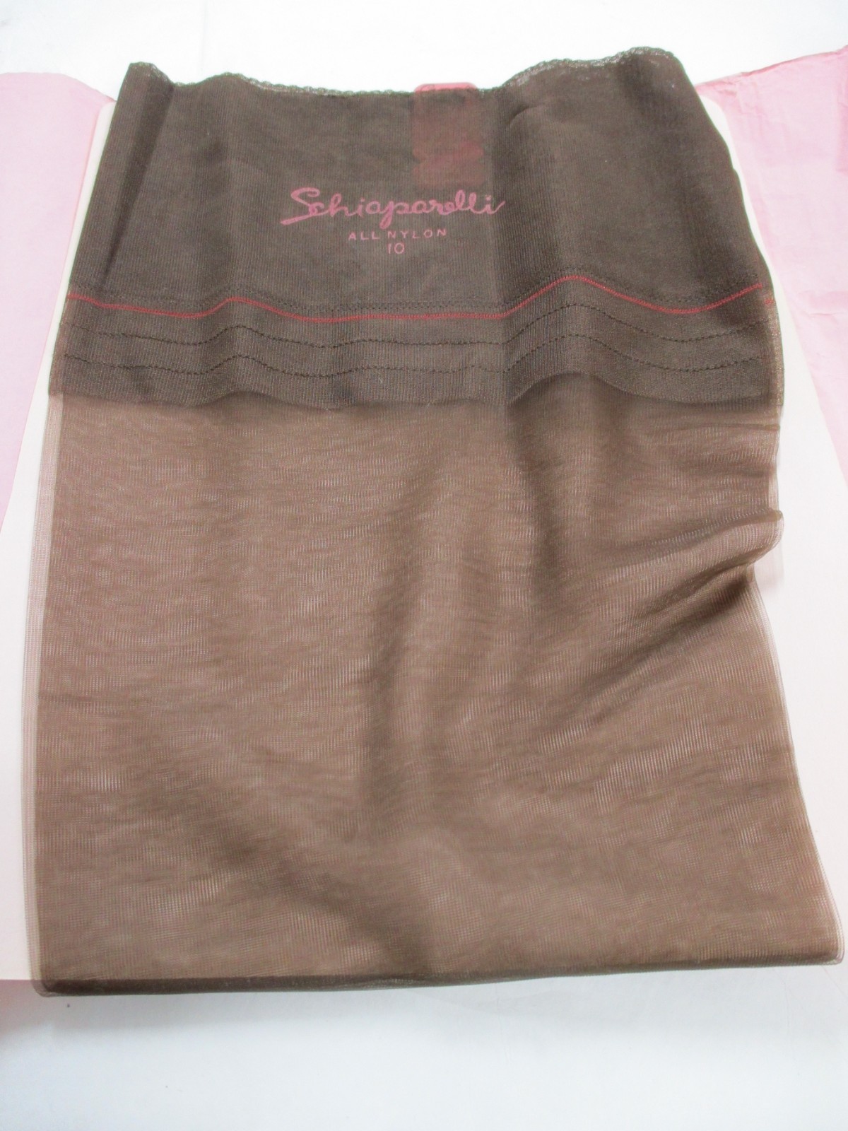 1 PR VINTAGE SCHIAPARELLI RT SHEER SHINY FLAT KNIT NYLON STOCKINGS SIZE 10 BROWN