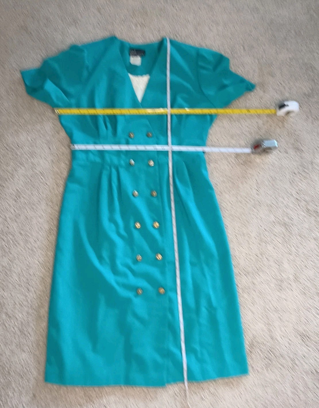 Vintage 90s Pleated Pencil Dress Teal Size 16 Midlength Preppy Stretch Waist P41