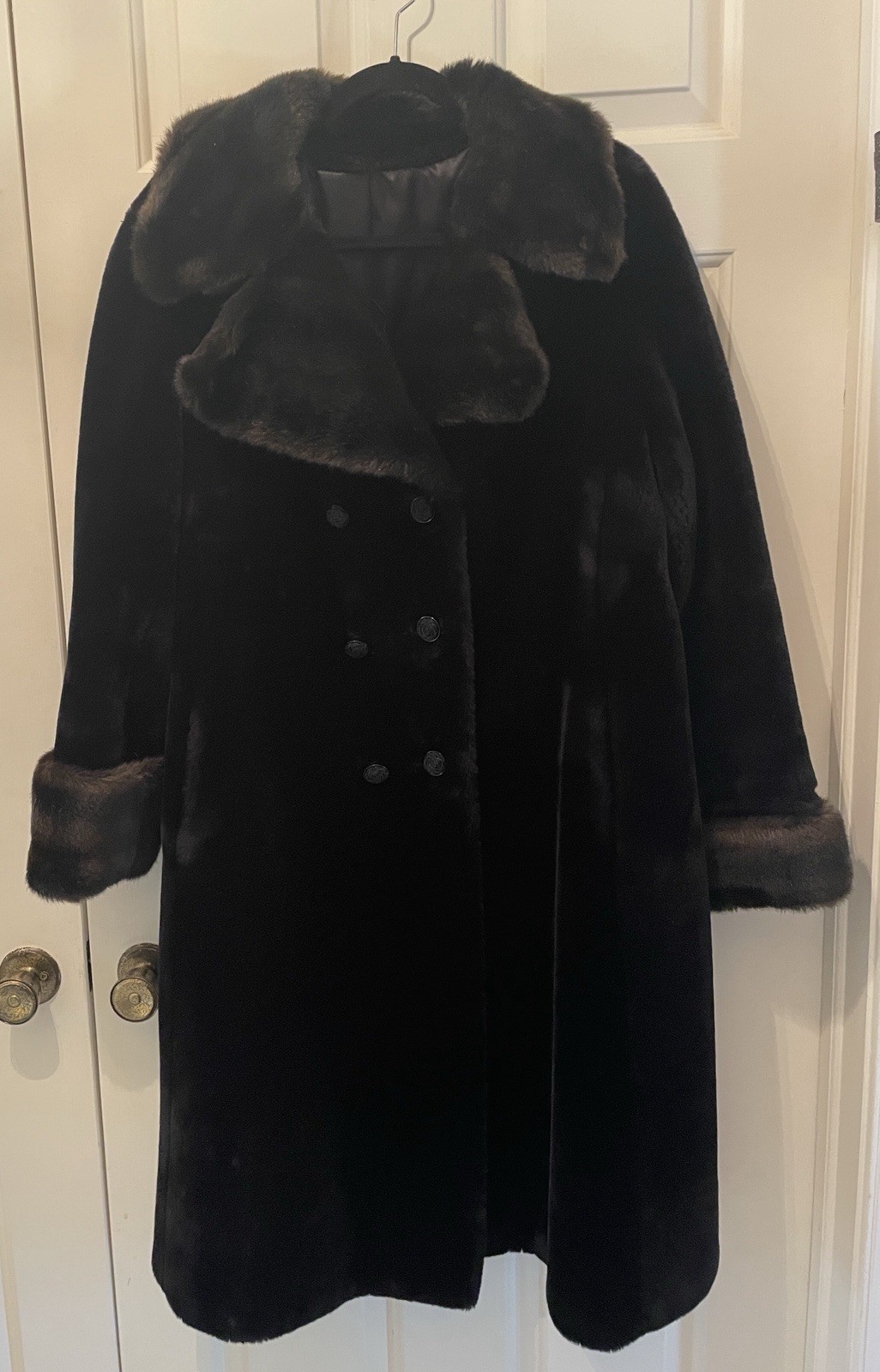 Vtg 60s Borgana Sportowne Black Faux Fur Coat ILGWU Union Double Breasted M/L