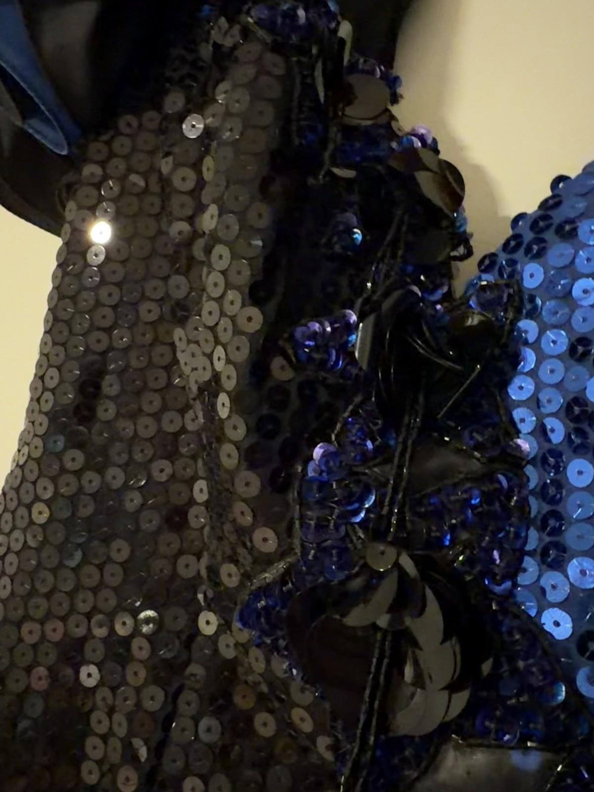 Vintage Alyce Designs Sequin Taffeta Blue Black Ruffle Sleeve Dress 80s 90s Y2k