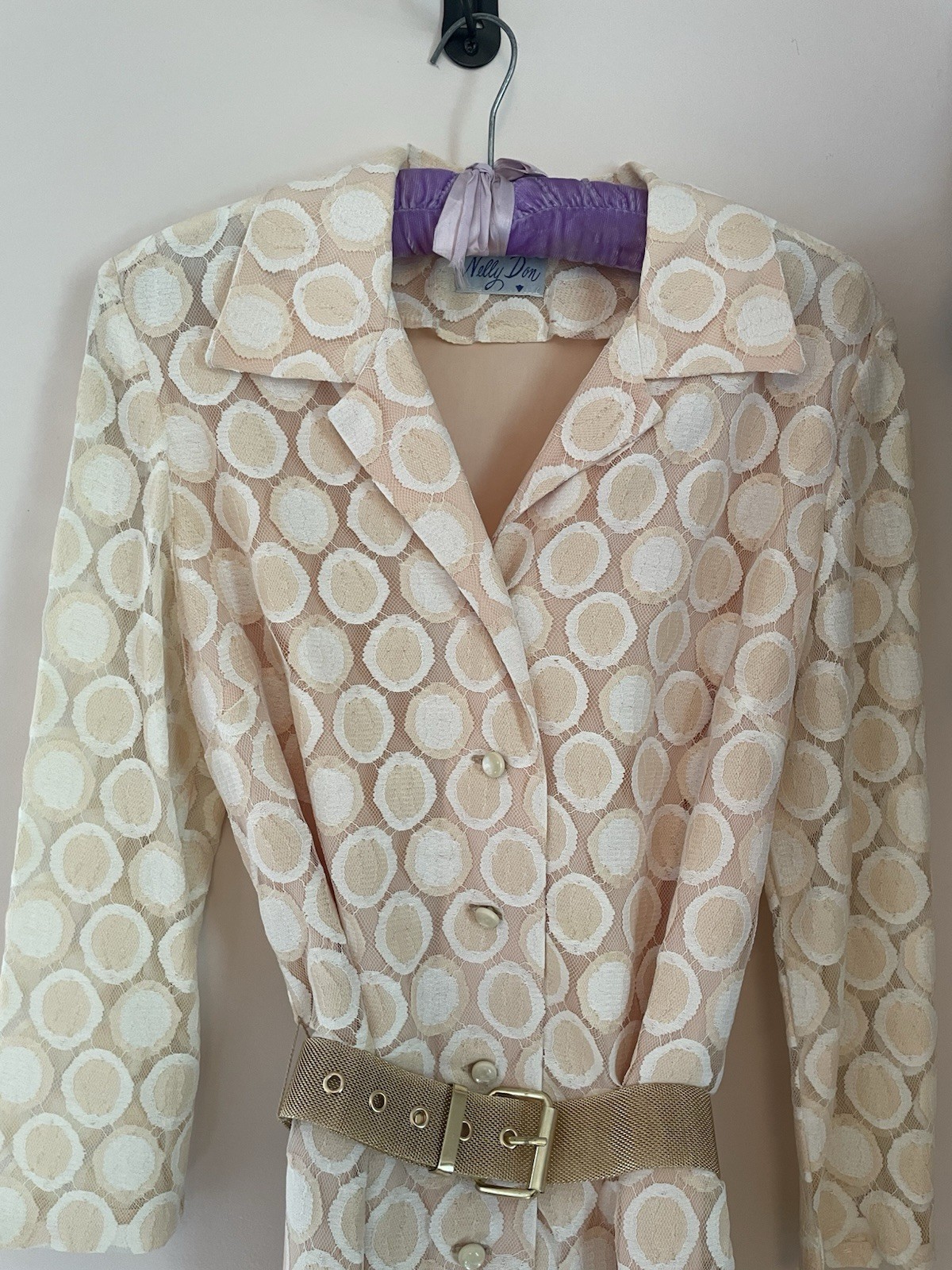 Nelly Don Peachy Cream Circle Lace Coat Dress 1960s Palm Beach Size 10 Mod Party