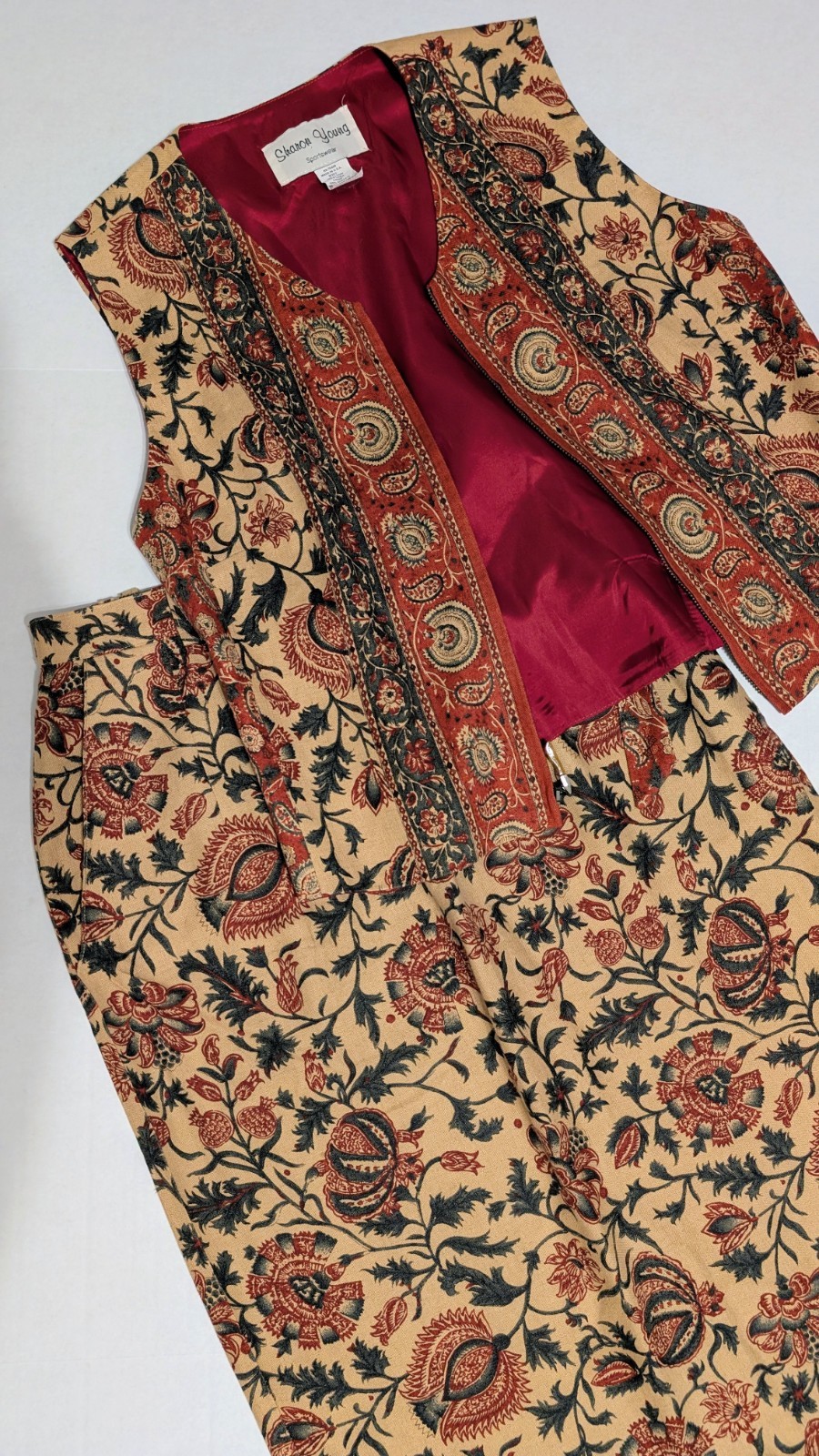 Vintage 90’s Sharon Young Folk Bohemian Artsy Midi Skirt Vest Set Women’s Small