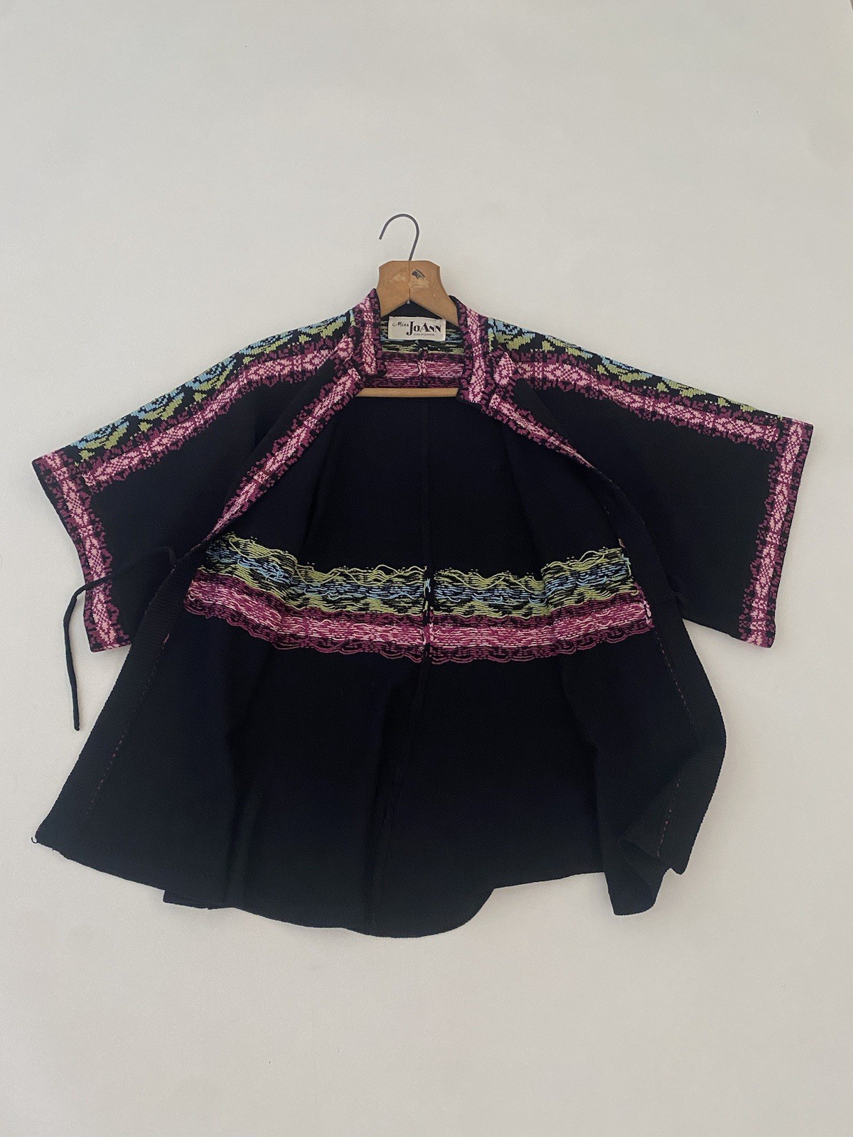 Vintage 70s Miss Joann California Black Kimono Crochet Open Cardigan Multicolor