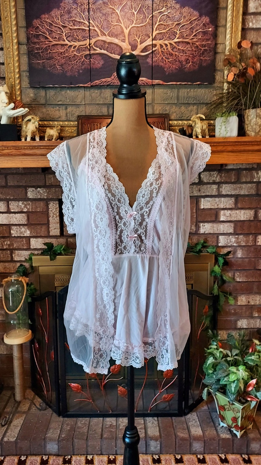 Vintage Featherbed Intimate Pink Lace Peignoir Lingerie Set Size Large