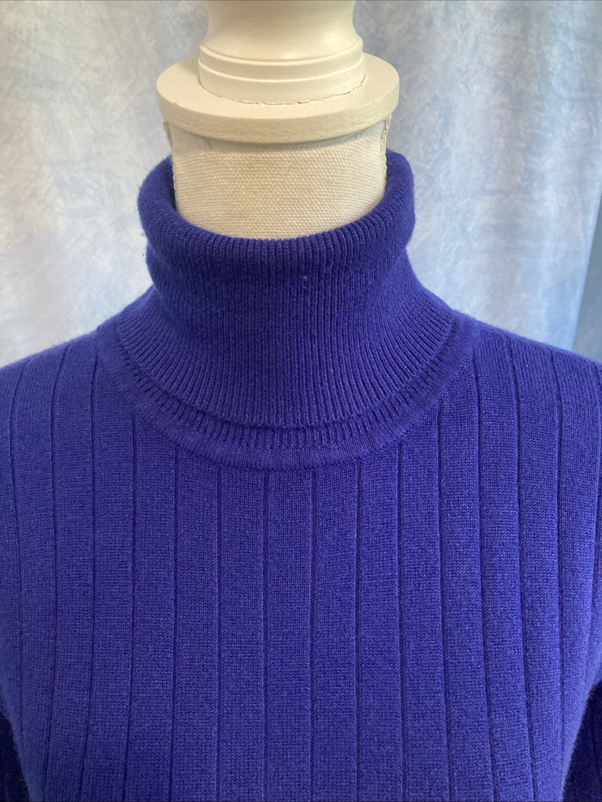 Vtg 80s Laura Winston Ribbed Knit Turtleneck Sweater M Blue Indigo Purple Retro