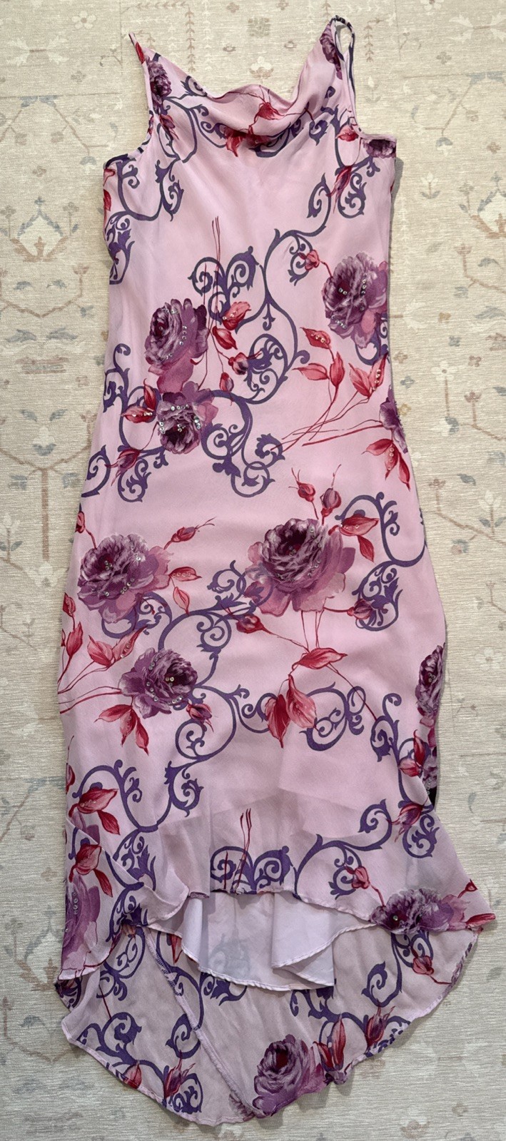 Vintage Y2K Floral Slip Dress Bias Cut Cowl Neckline Beading Best Fit M