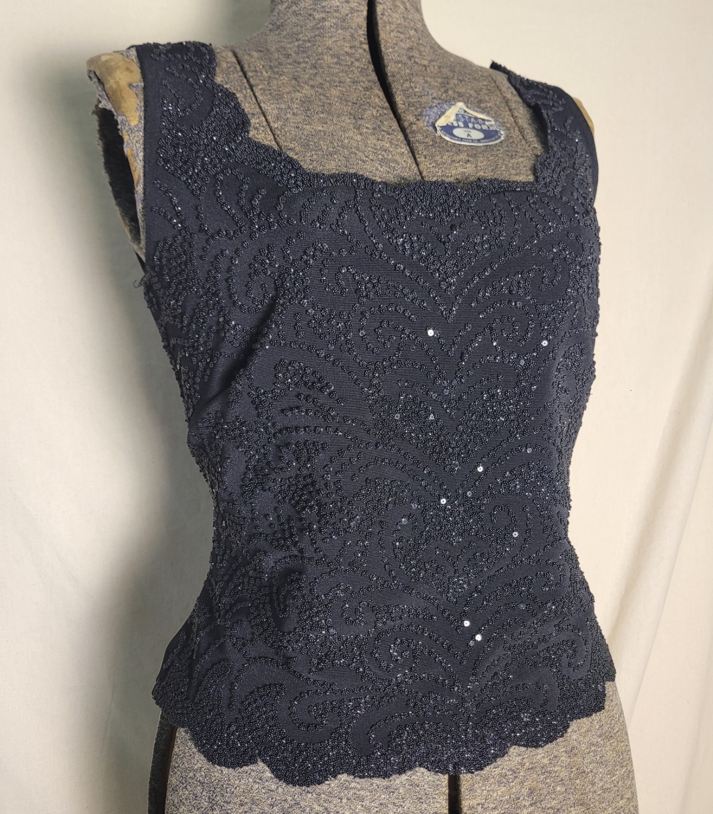 Vintage 80s 90s J.B.S Black Beaded Tank Top S/M Blouse Going Out Gorhic