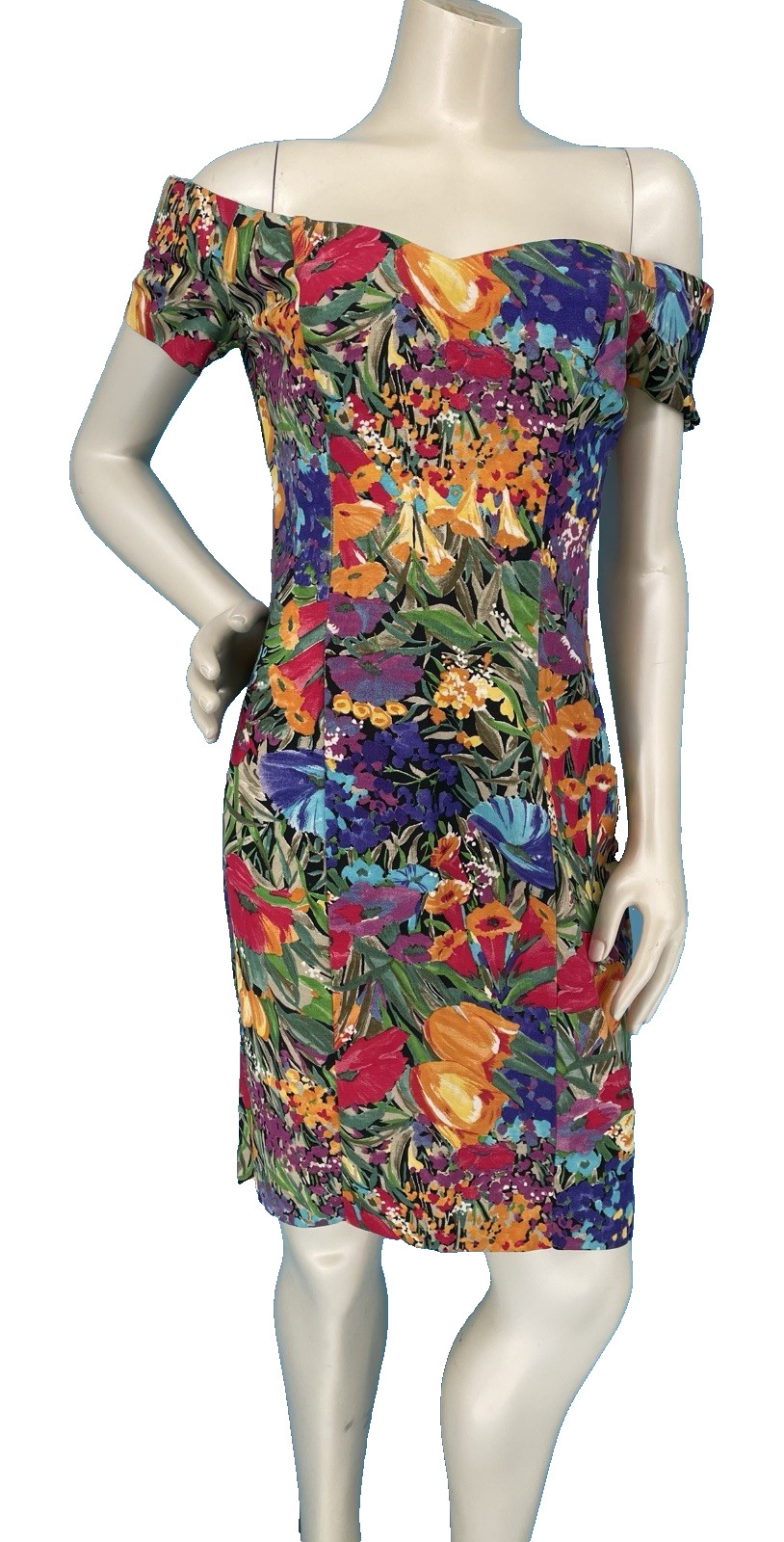 VTG Off Shoulder 90s Floral Wiggle Sheath Pencil New Wave Dress Skirt small