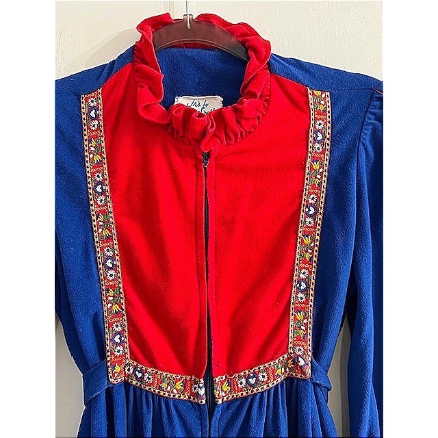 Vintage Lounge Craft Royal Blue Maxi Robe Red Ruffle Trim Long Sleeve Dress 70s