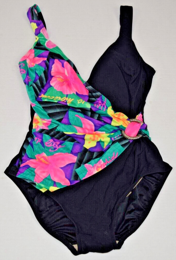 Vintage Swimsuit Robby Len Size 8 80s Neon Hawaiian Floral Side Clasp Made USA