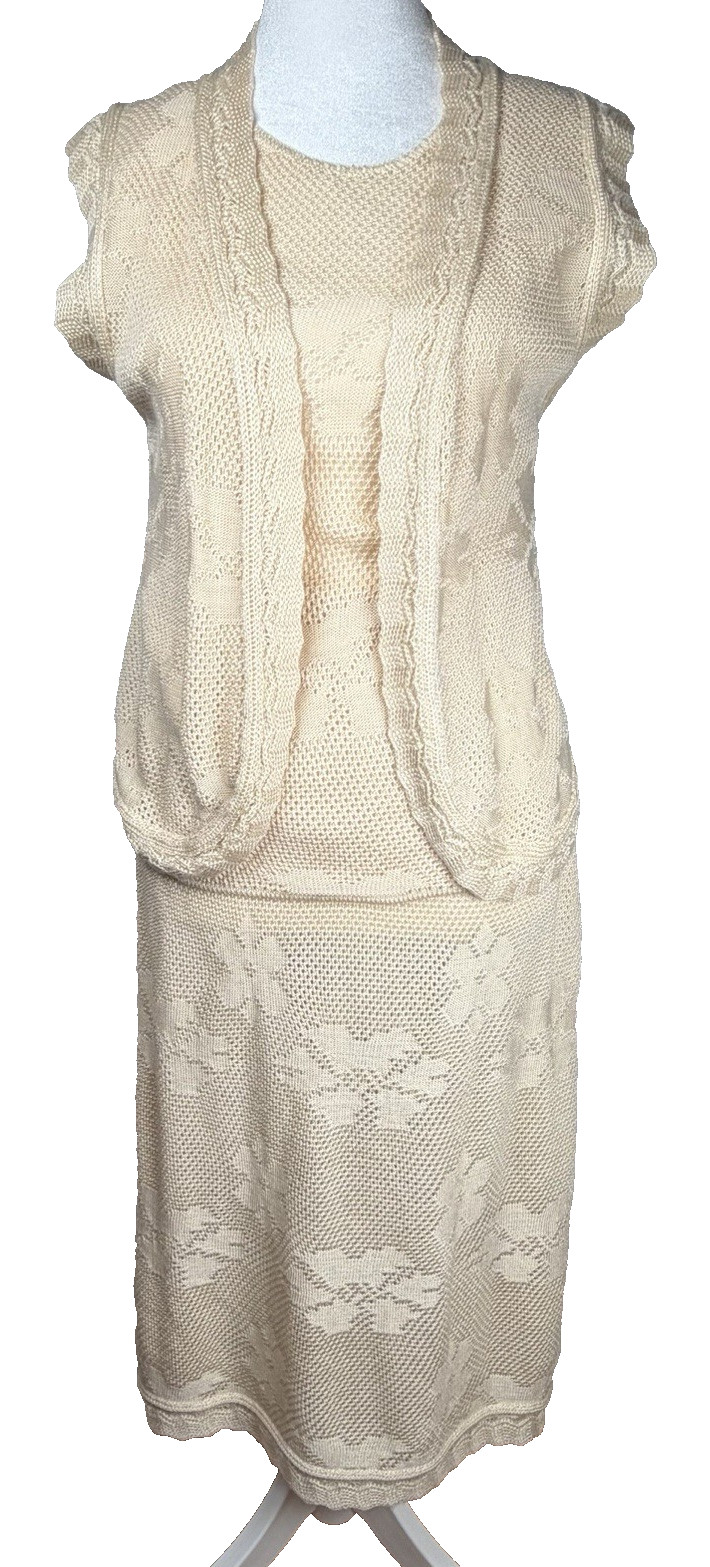 Vintage Mid-Century LeRoy 3-Piece knitwear Set Bohemian Romantic Creme Womens XS