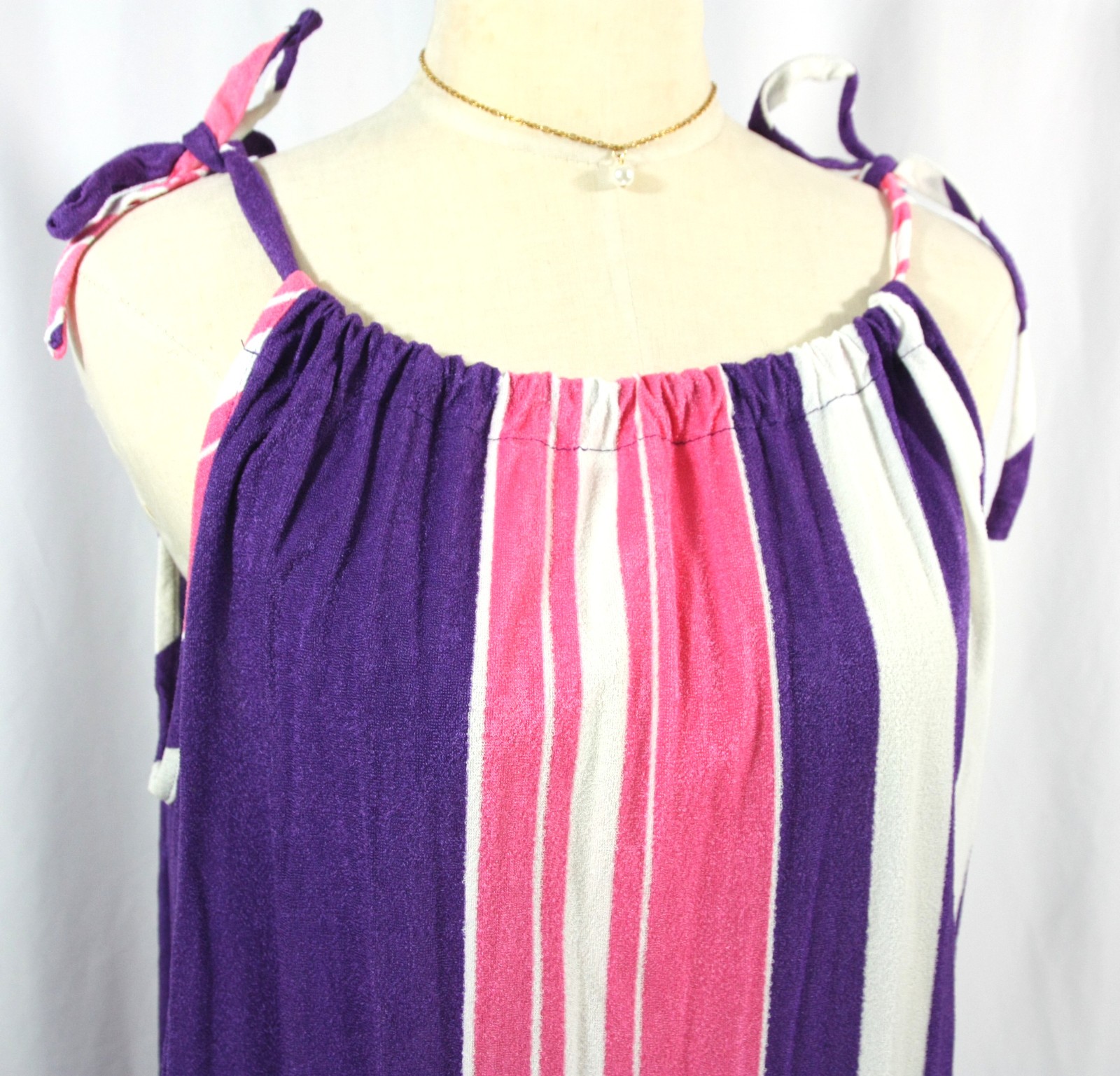 Vintage Striped String Tie Pool Beach Cover Terry Mini Dress Sundress 1970s