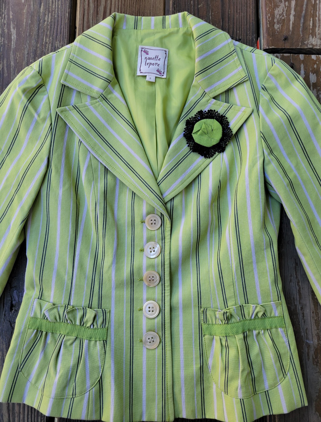 Nanette Lepore vintage 00s skirt suit jacket lime green stripe whimsy retro 0