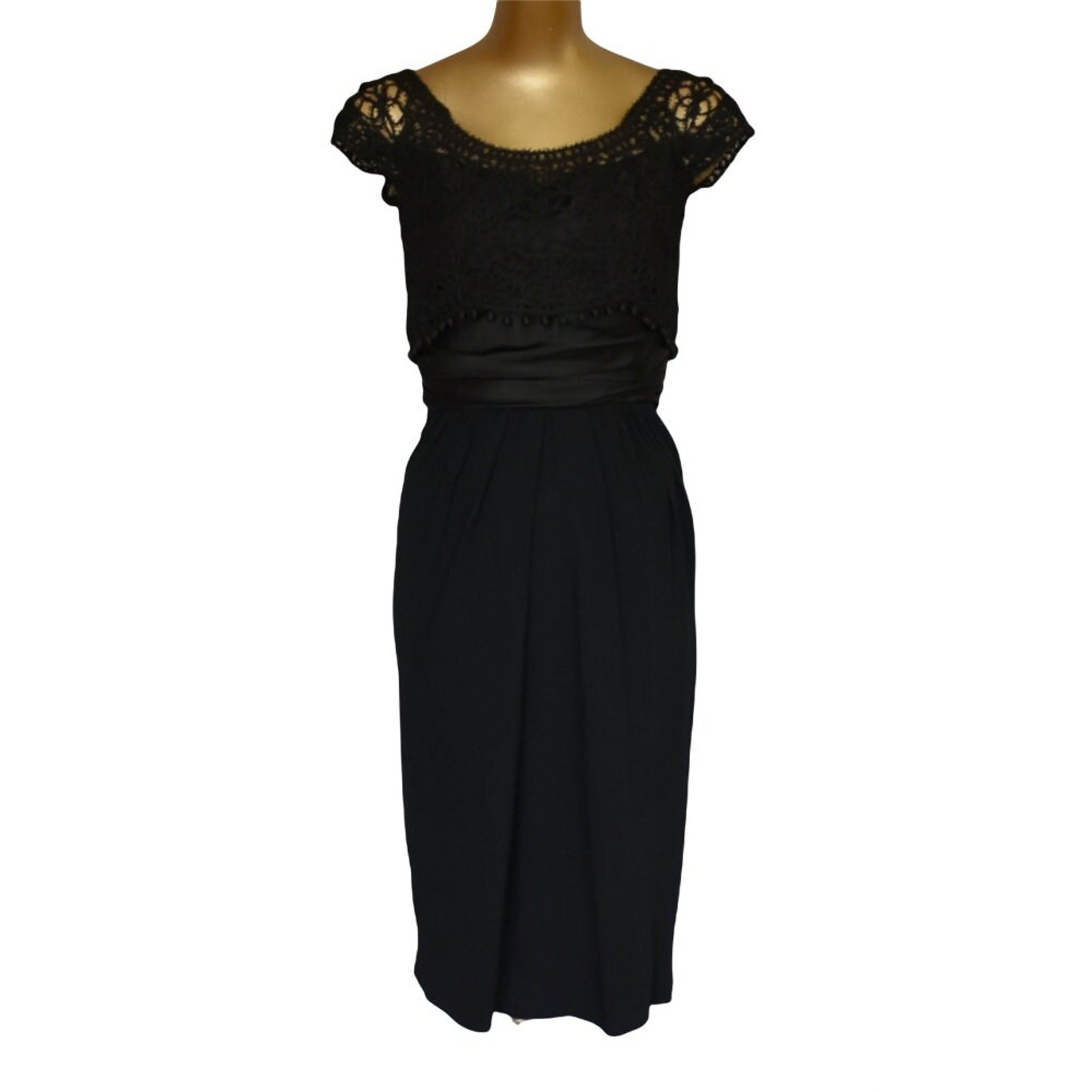 Vintage 50s Carlye Cocktail Dress, Black Lace Rayon Crepe Wiggle Dress, XXS 2XS
