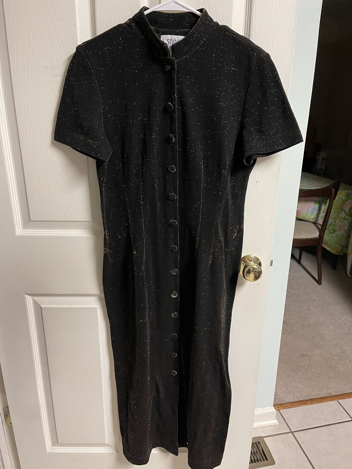 90s Stevens Dress Med 12 Mandarin Gold Thread Lorex Y2K Black 36w 40L Stretch