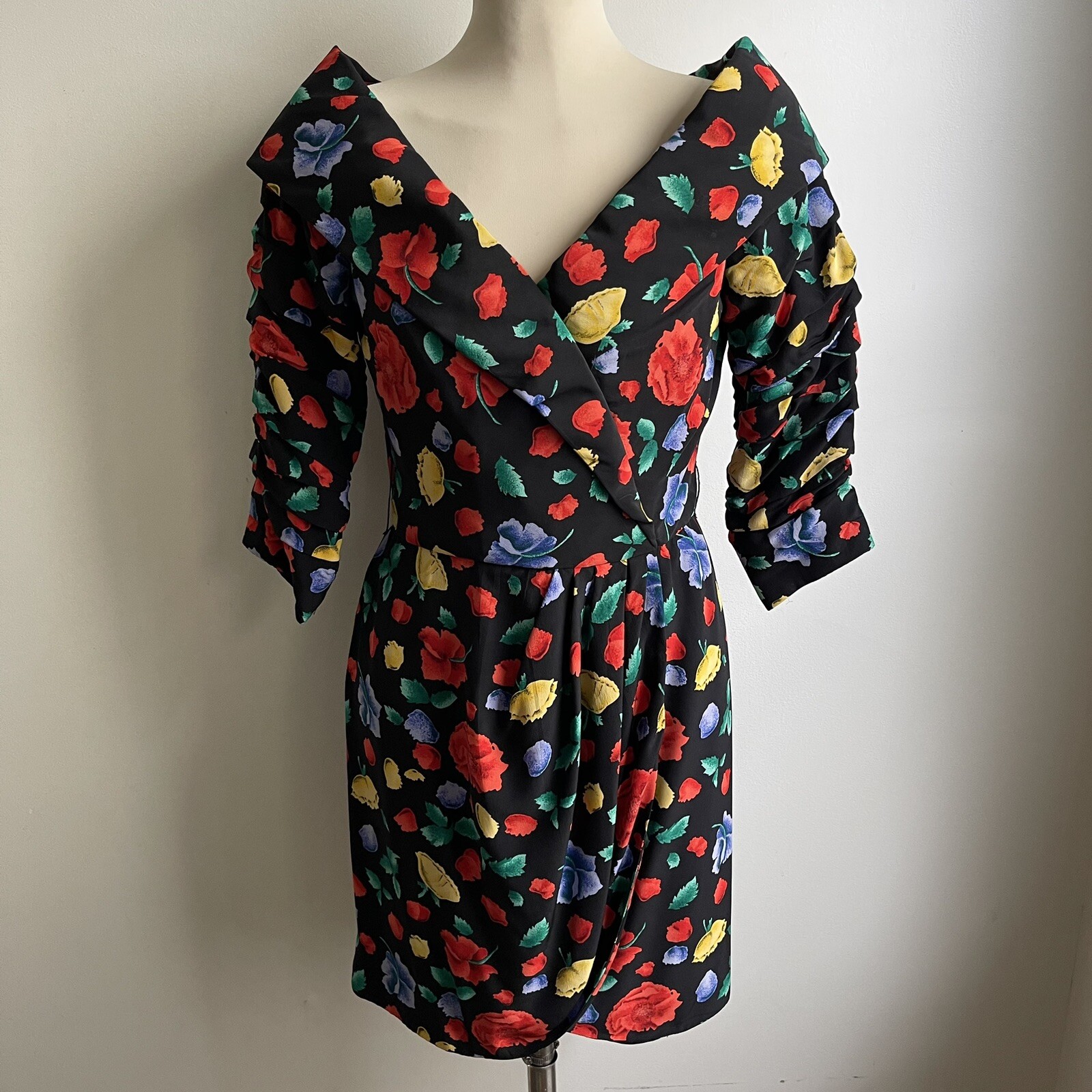 Vintage 80s Arnold Scaasi Boutique Couture Silk Floral Ruched Party Dress 12