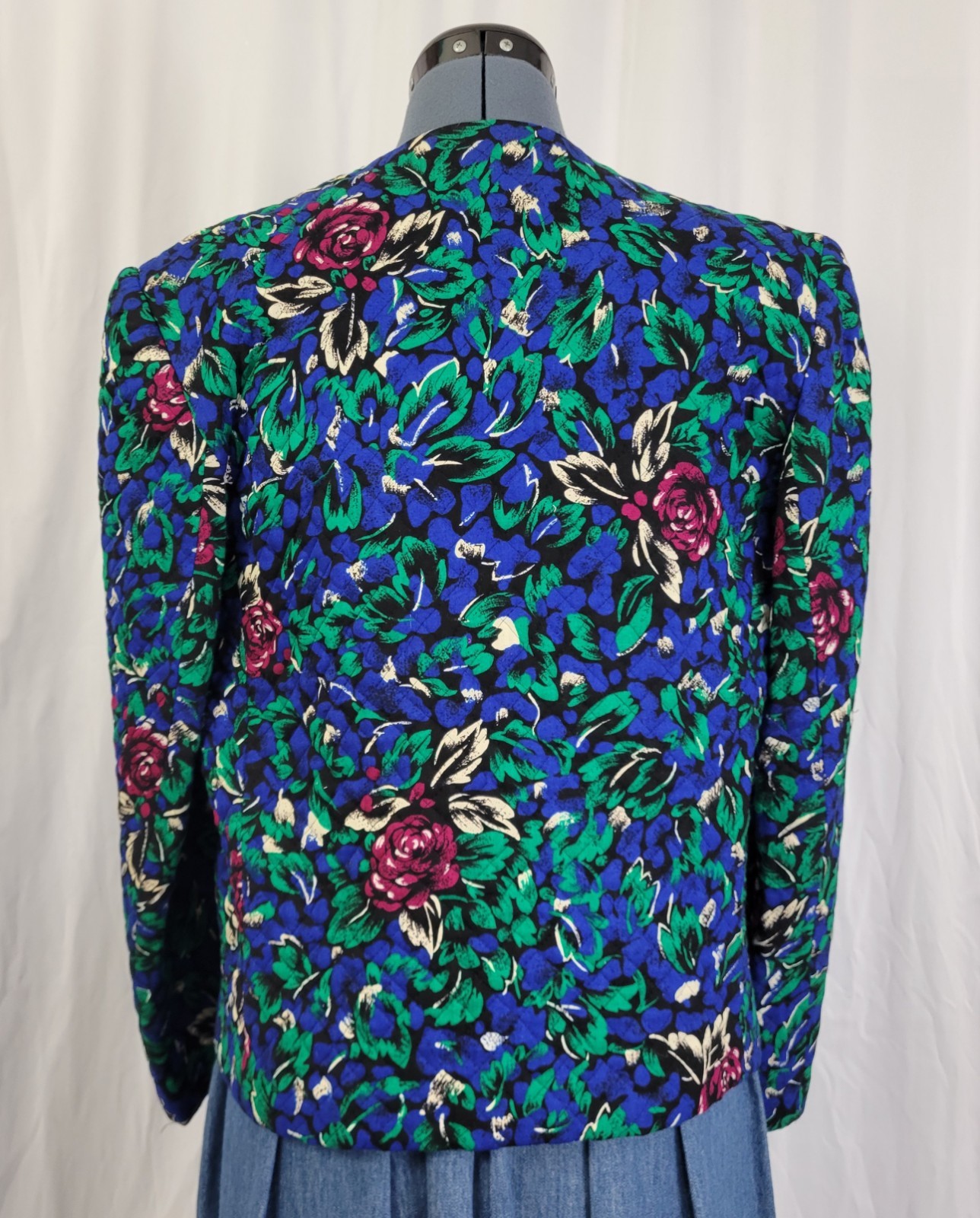 Vtg Stephen Douglas Ltd Blue & Green w Purple Flowers Quilted Jacket Size 14