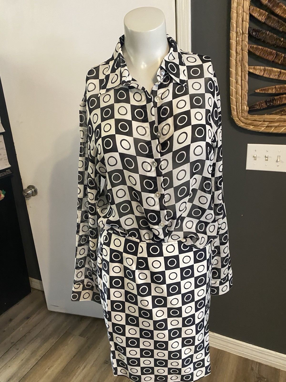 Vintage Paolo Santini 100% silk Sheer Long Sleeve & Skirt White & Black Geometri