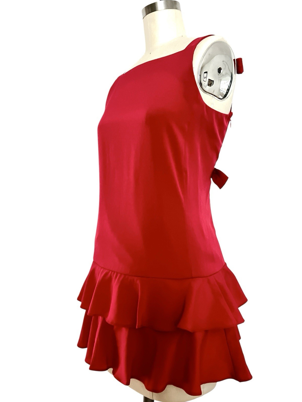 VTG Martin Ross 80s/90s Sz 4 XS/S Red Coquette Shift Dress Ruffle Bows Open Back