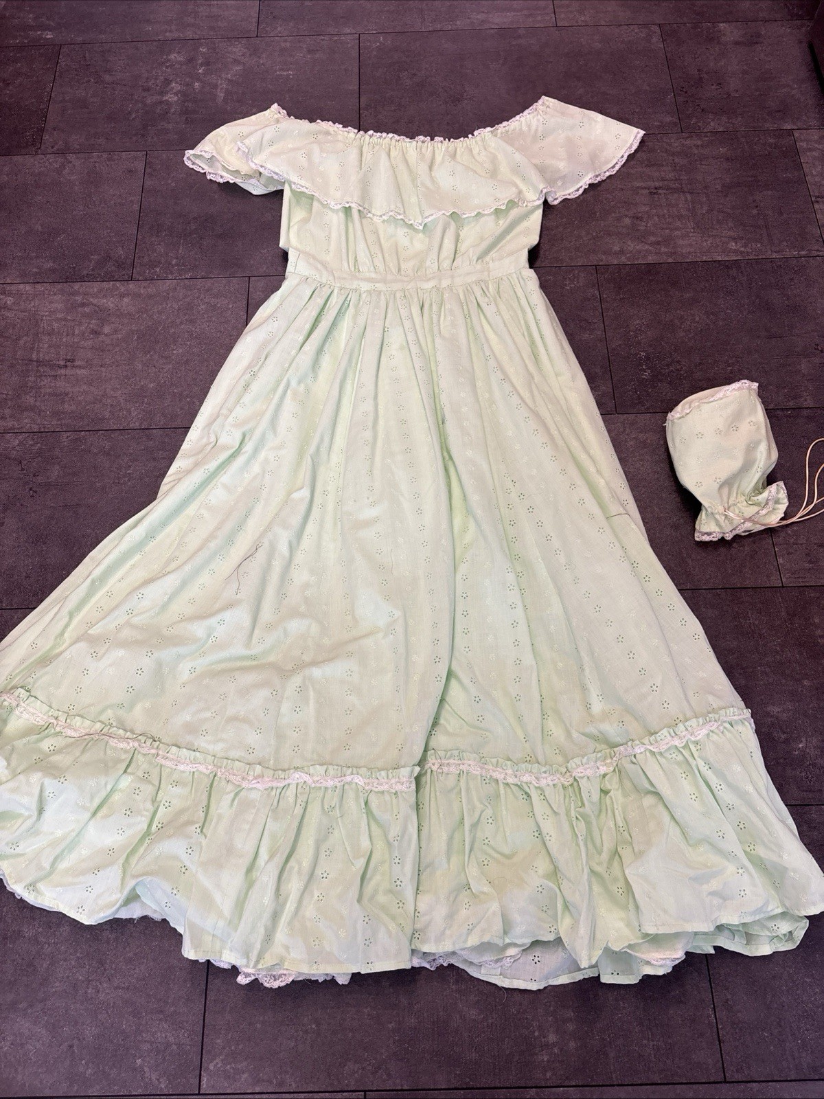 VTG Hoop Skirt Mint Green Taffeta Prairie Ruffle Romantic Party Prom Dress XL