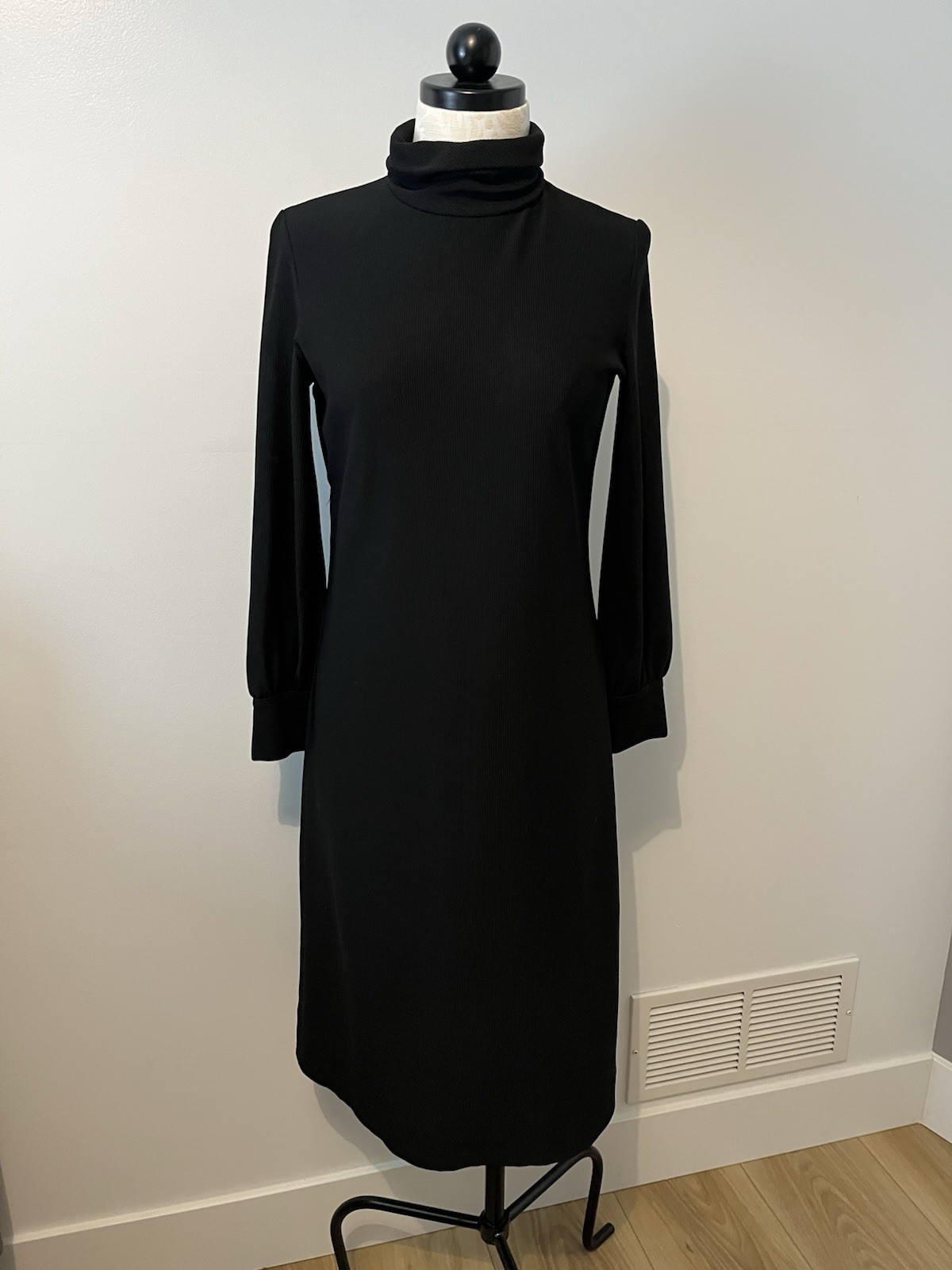 Vtg Kimberly 70s Black Long Sleeve Dress Dacron Polyester Retro Mod High Neck