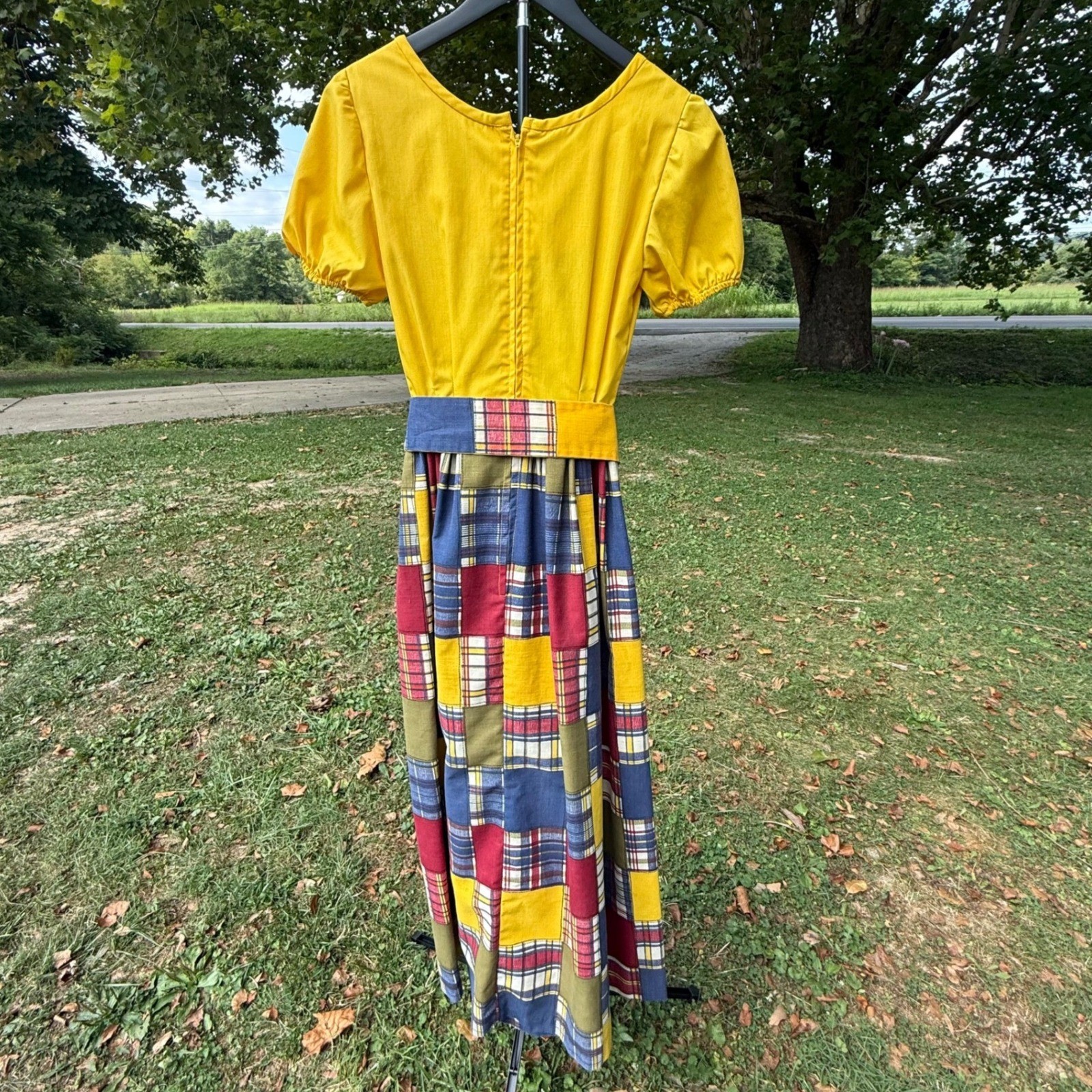 Vintage Lounge Craft Patchwork Plaid Maxi Dress Yellow 70s ILGWU Union Made 10