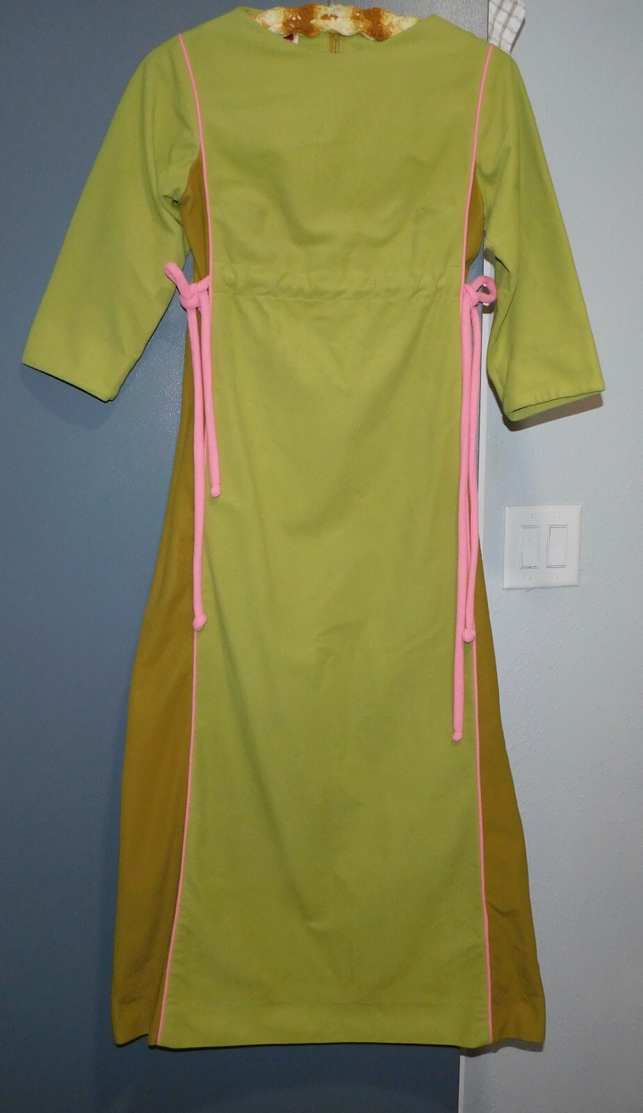 VTG 60’s 70’s JANE MARTIN DRESS MAXI BOHO HIPPY VELOUR POLY GREEN PINK XS