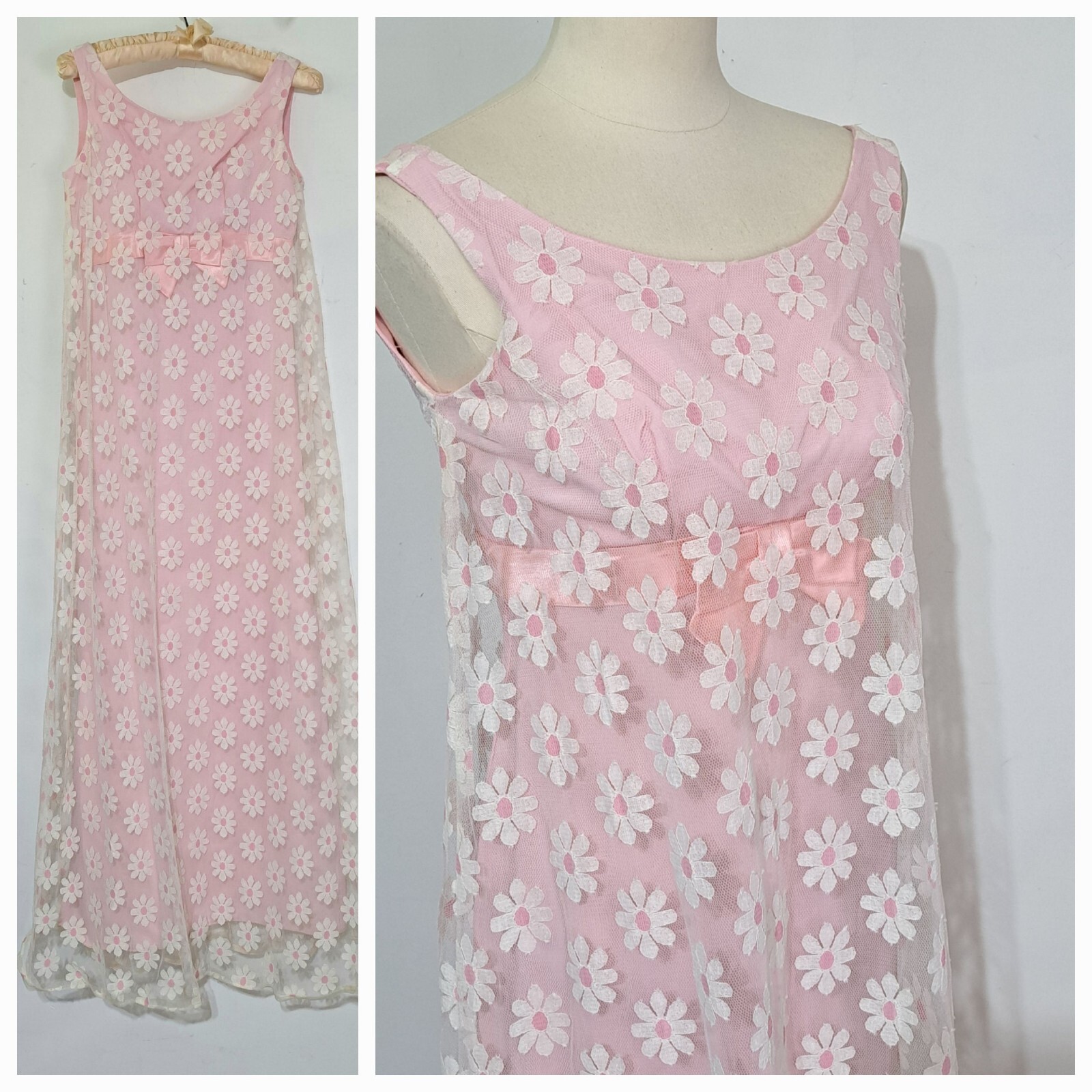 Vintage 1960s Maxi Empire Dress Pink Party Daisy Overlay XS