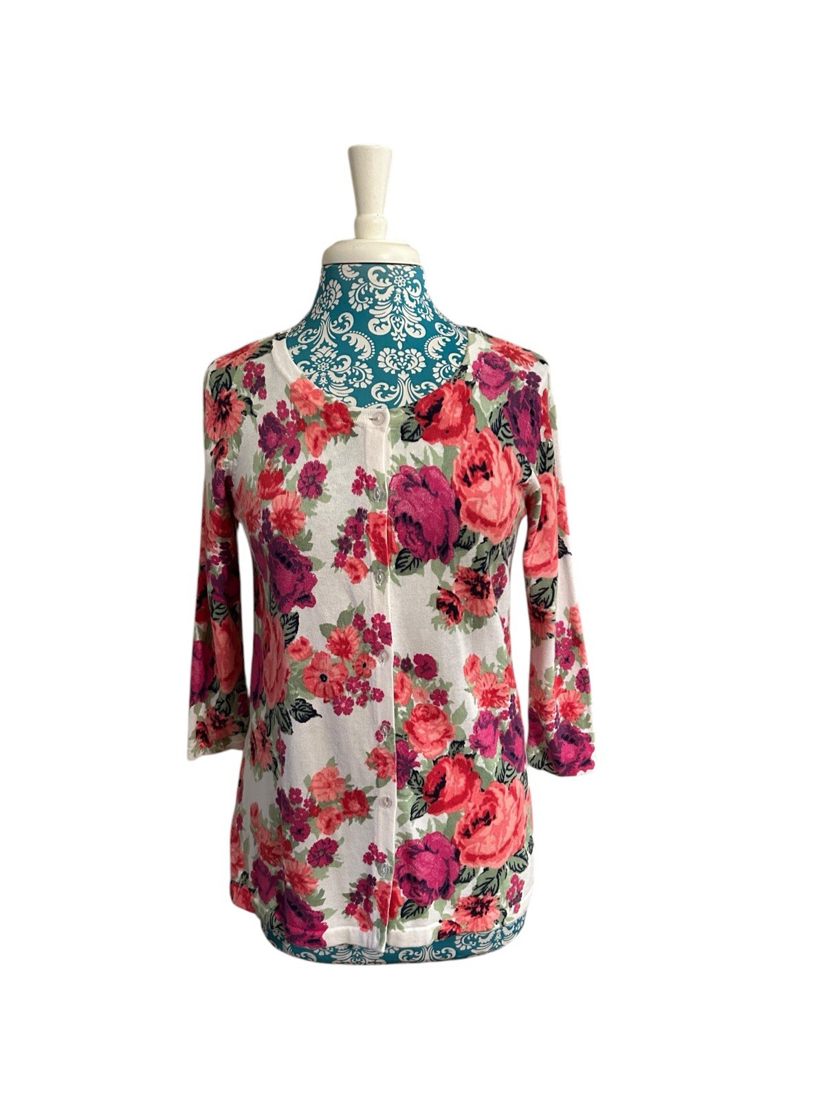 Vintage Laura Scott Floral Pink & Aqua Roses Cardigan Sweater Cottagecore Shabby
