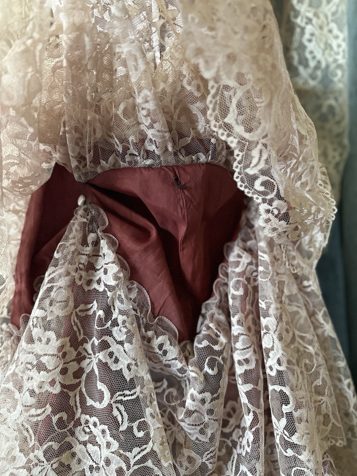 Vintage Union Tag Lace Gown With Beaded Details And Bustled Train