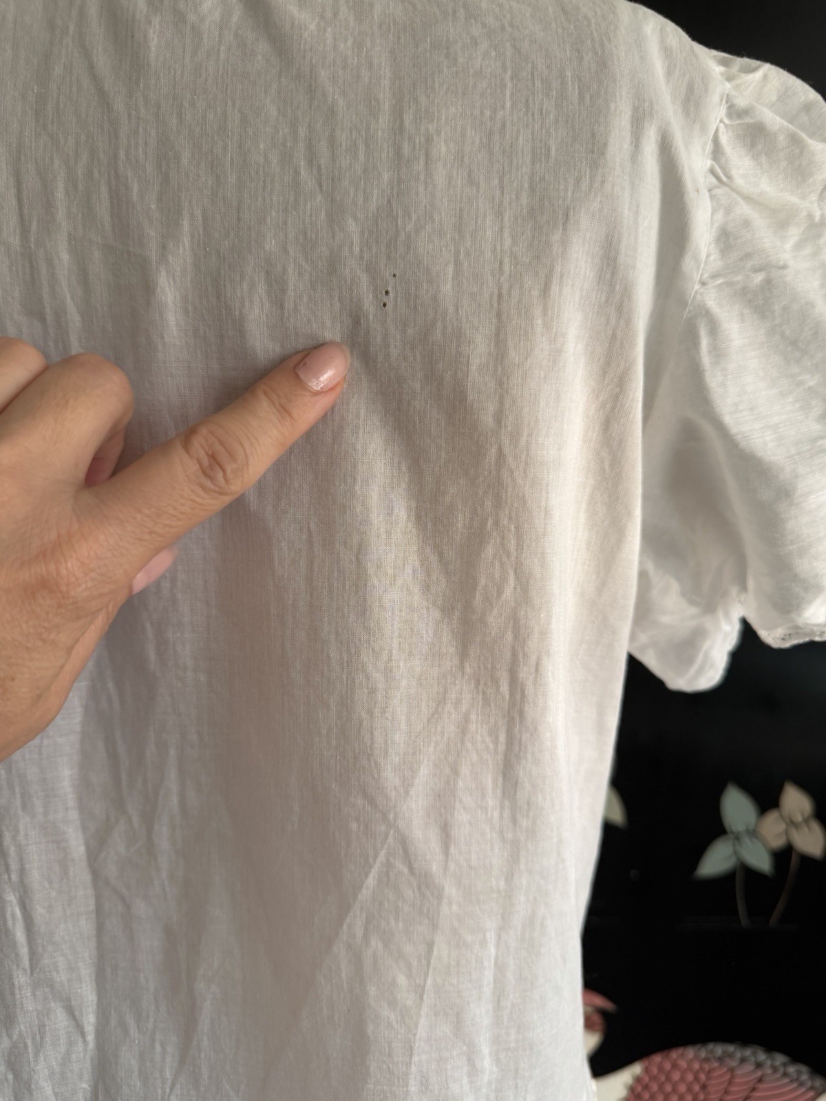 Vintage 1940’s White Cotton Blouse Dotted Swiss & Crochet Lace Puff Sleeve Top