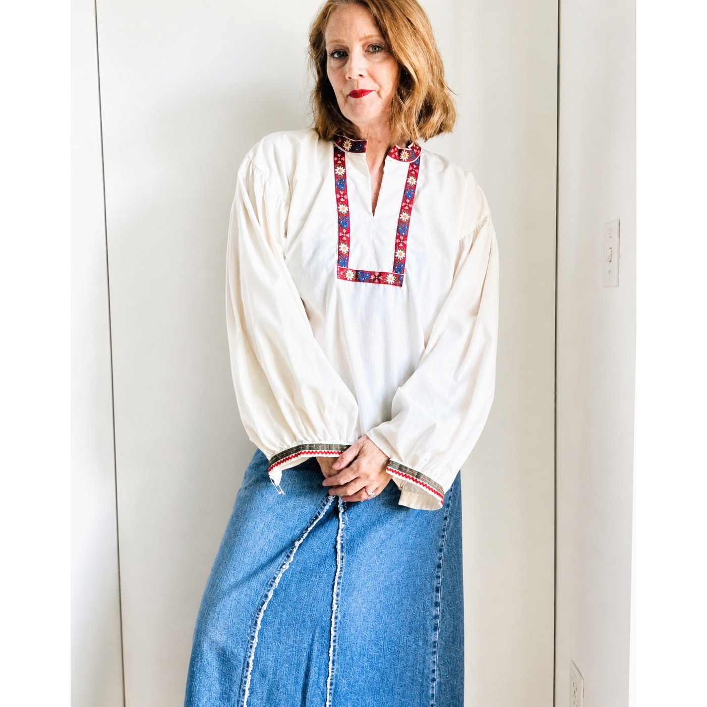 Vintage 70s Boho Peasant Blouse L XL Handmade Cotton Embroidered Folk Top