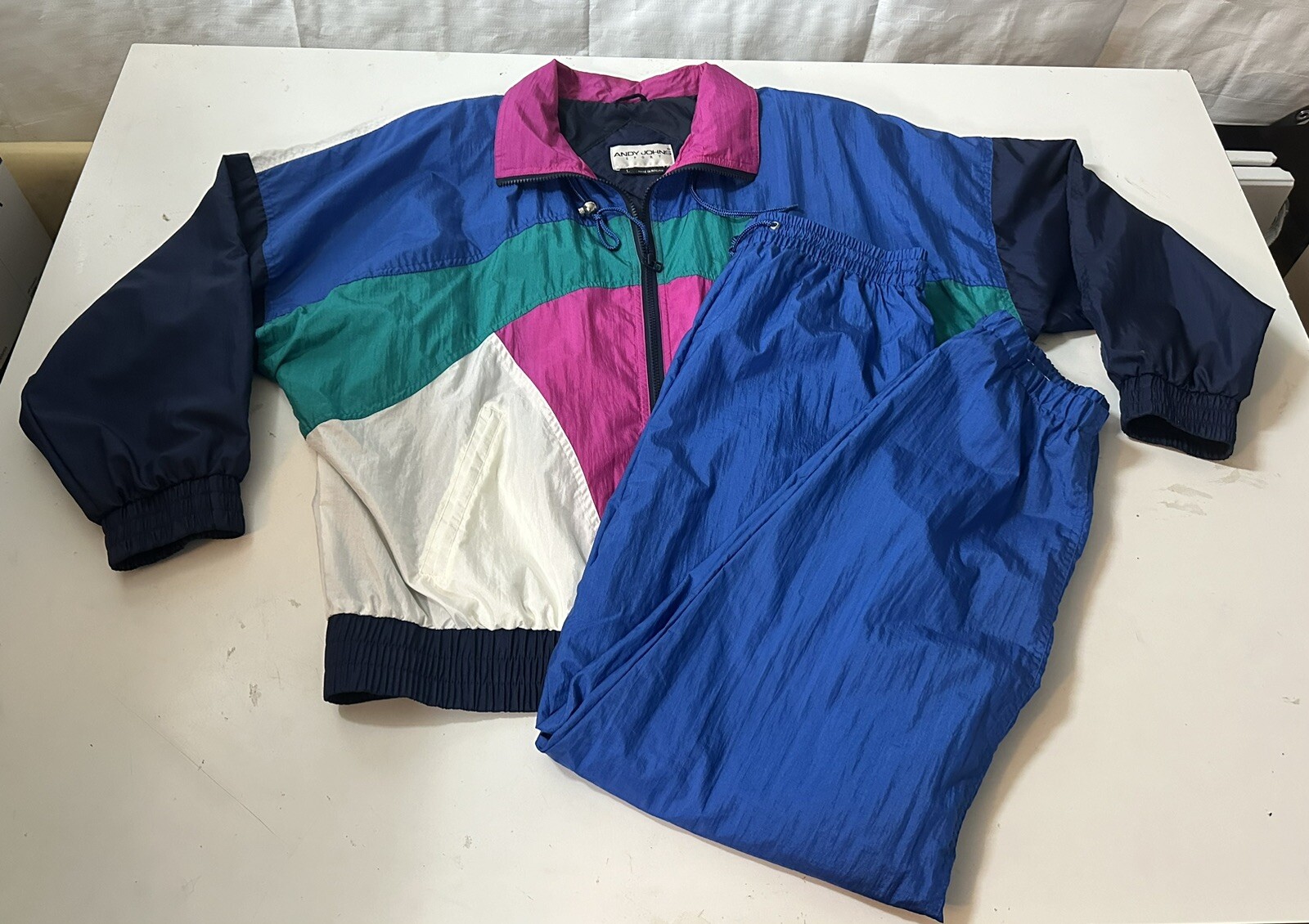 Vintage 1980’s Andy Johns Geometic Color Block Track Suit Jackets & Pants Size L