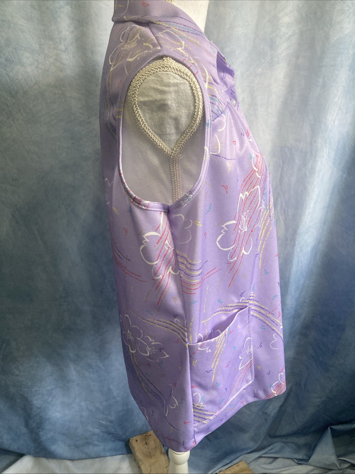 Vintage 70s Purple Abstract Floral Smock Blouse Sleeveless Polyester GUC Size L