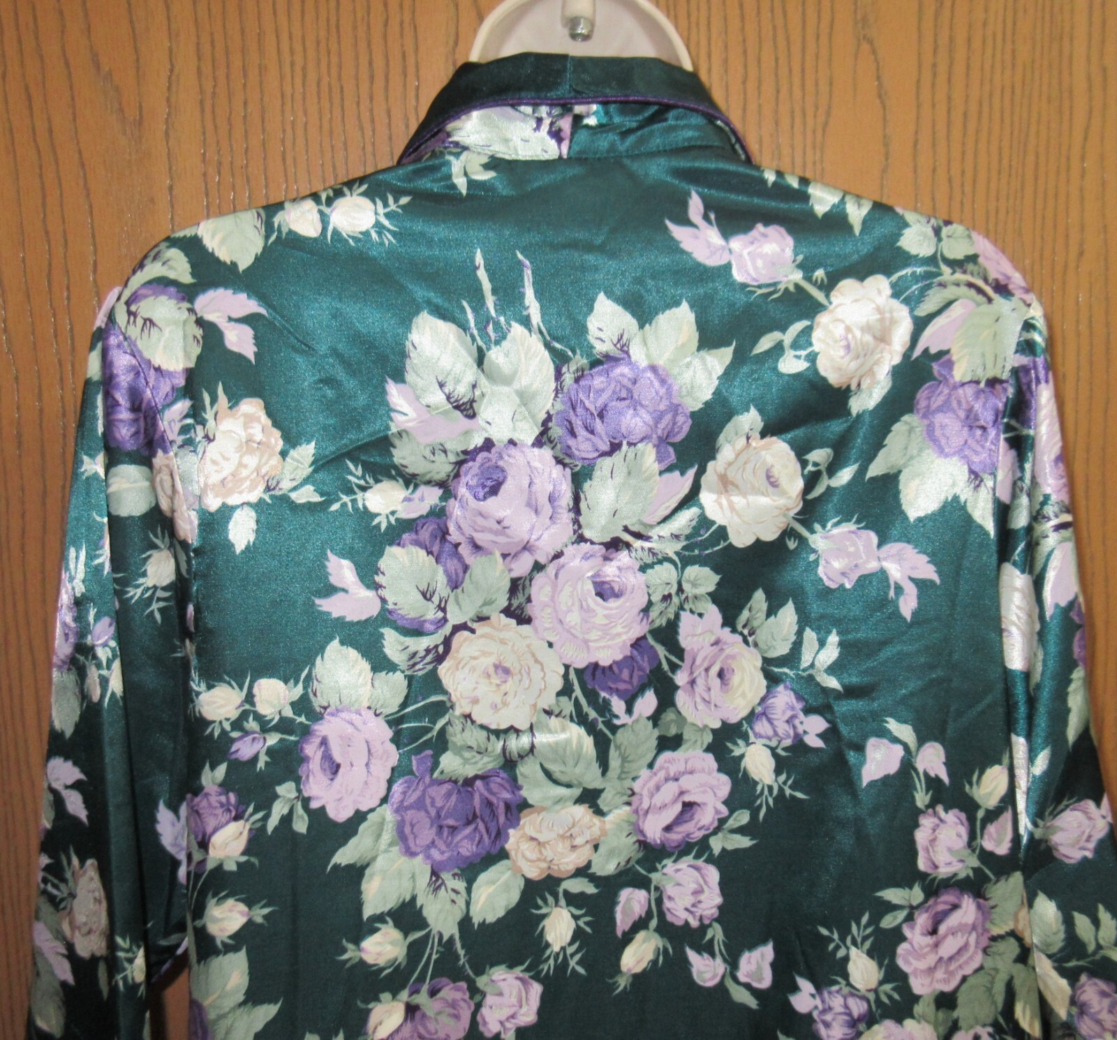 ARIA 80s HUNTER GREEN PURPLE FLORAL sleep shirt nightgown brushed SATIN sz S