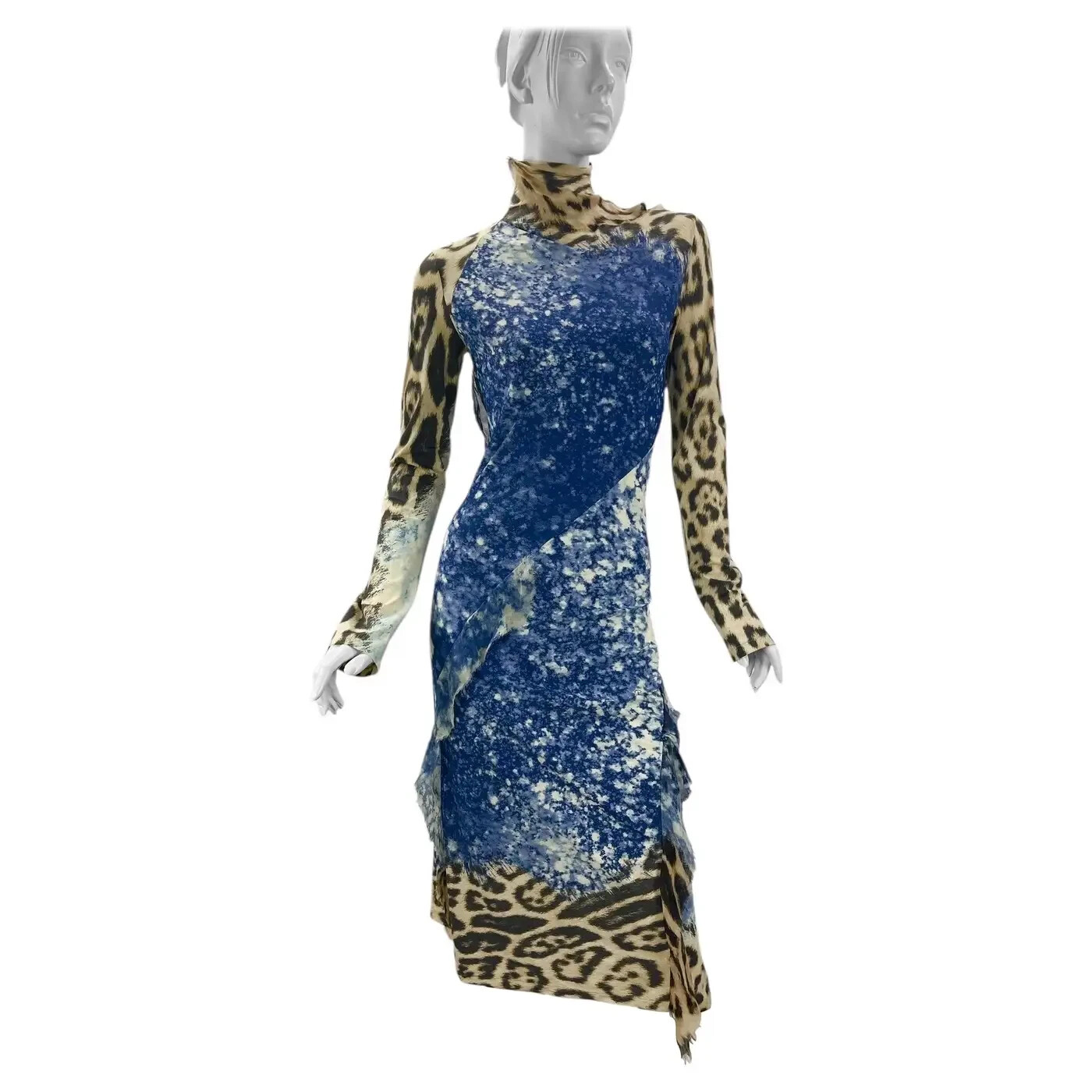 2001 Vintage Roberto Cavalli Leopard Acid Print Ruffled Silk Dress