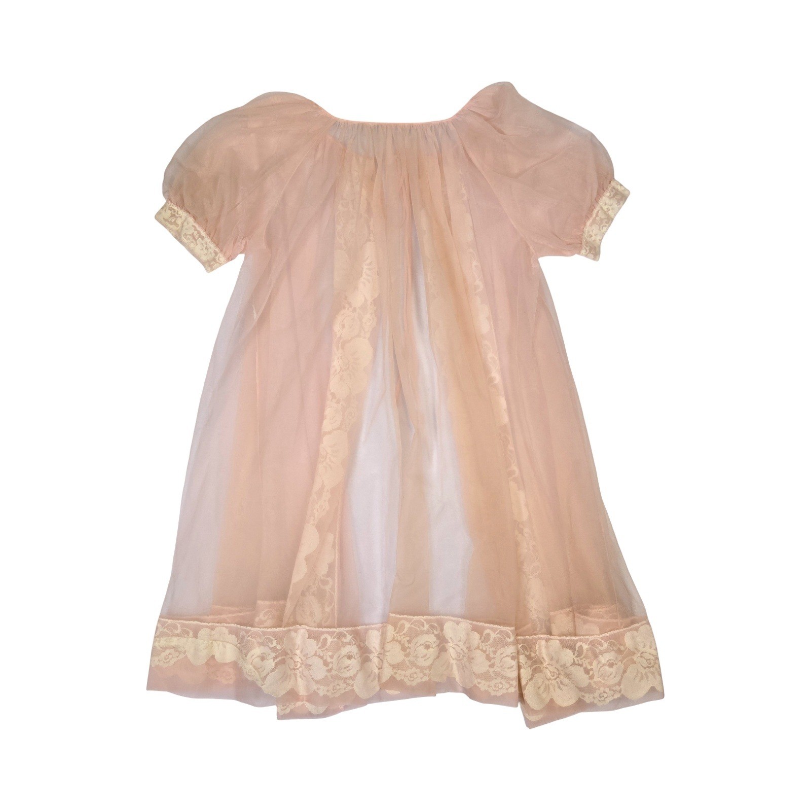 VTG 60s Pastel Pink Sheer Lace Trim Robe Puff Sleeve Chiffon Lingerie M Coquette