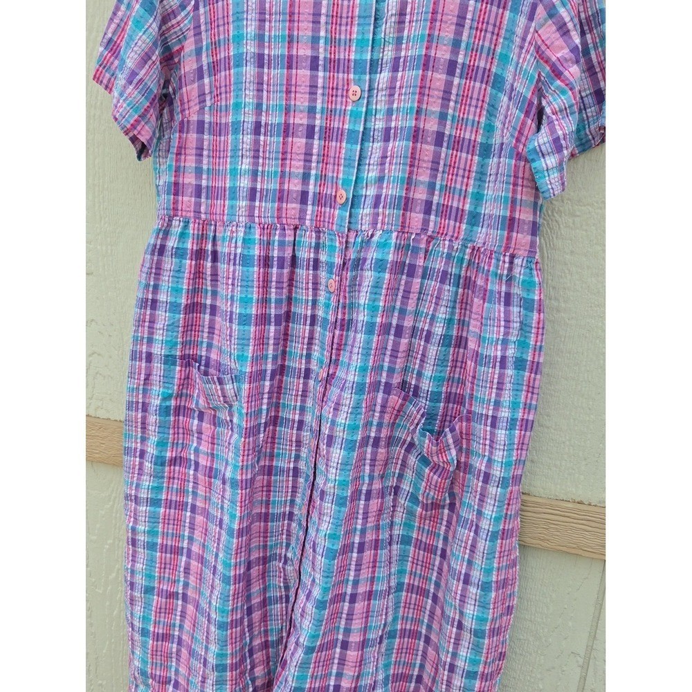 Vintage Button Front Midi Shirt Dress Large Plaid Pocket Cotton Seersucker Patio